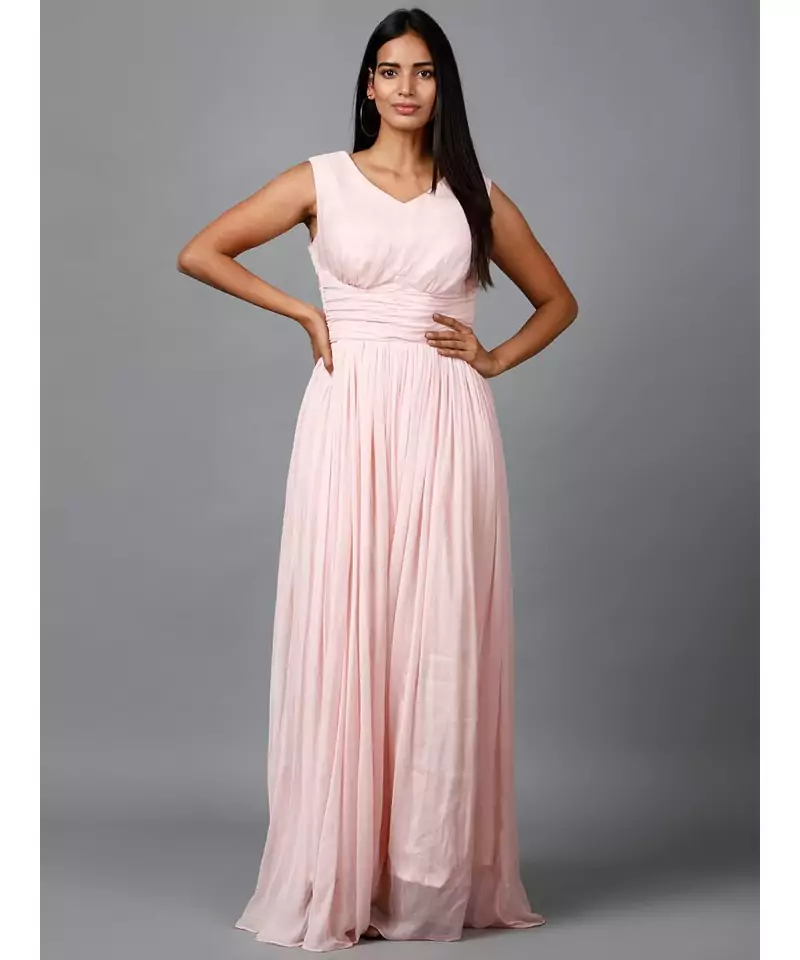 Women's Sleeveless V- Neck Draped Peach Chiffon Evening Maxi   Gown
