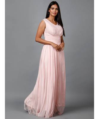 Women's Sleeveless V- Neck Draped Peach Chiffon Evening Maxi   Gown 2