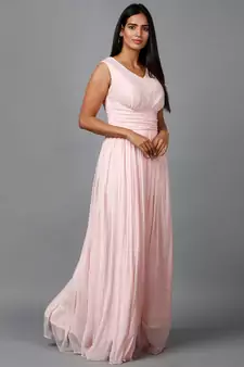 Women's Sleeveless V- Neck Draped Peach Chiffon Evening Maxi   Gown