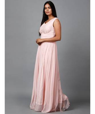 Women's Sleeveless V- Neck Draped Peach Chiffon Evening Maxi   Gown 3