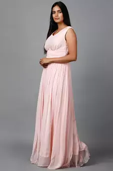 Women's Sleeveless V- Neck Draped Peach Chiffon Evening Maxi   Gown