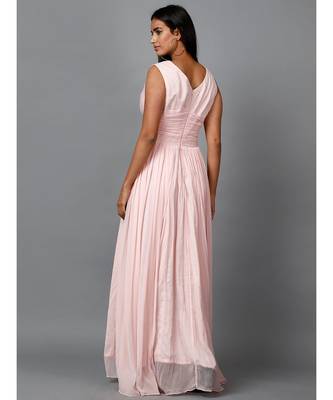 Women's Sleeveless V- Neck Draped Peach Chiffon Evening Maxi   Gown 4