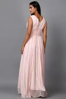Women's Sleeveless V- Neck Draped Peach Chiffon Evening Maxi   Gown