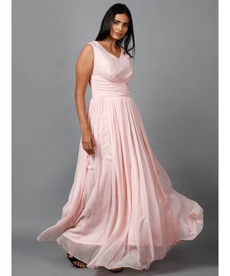 Women's Sleeveless V- Neck Draped Peach Chiffon Evening Maxi   Gown 5