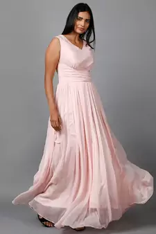 Women's Sleeveless V- Neck Draped Peach Chiffon Evening Maxi   Gown