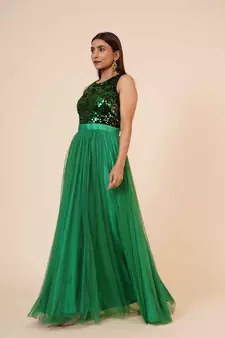 Women's Net Maxi Sequins Evening Gown Green