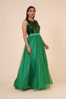 Women's Net Maxi Sequins Evening Gown Green