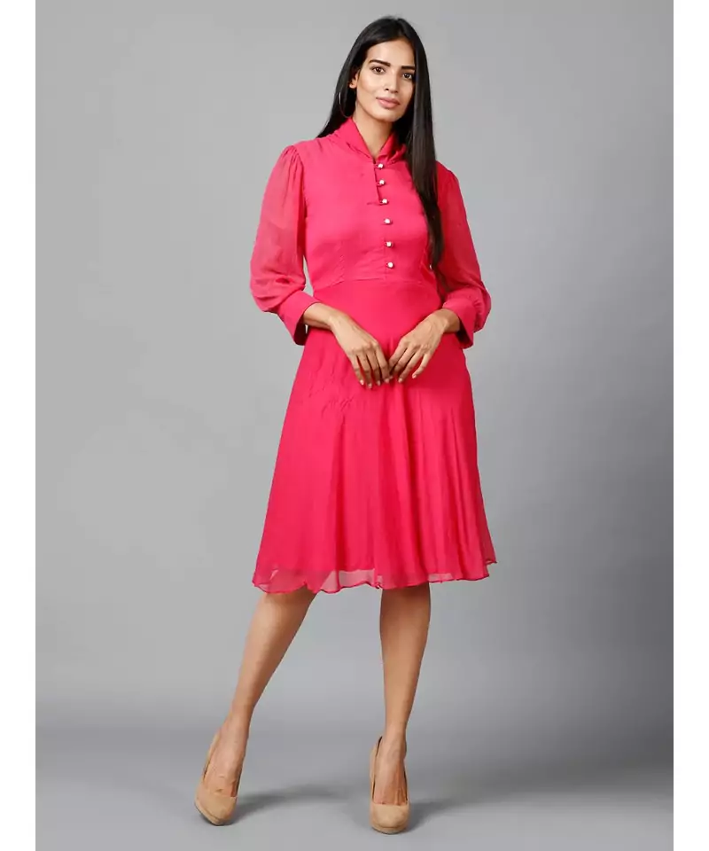 Women's Pink Chiiffon Casual Midi Dress