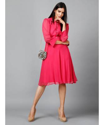 Women's Pink Chiiffon Casual Midi Dress 2