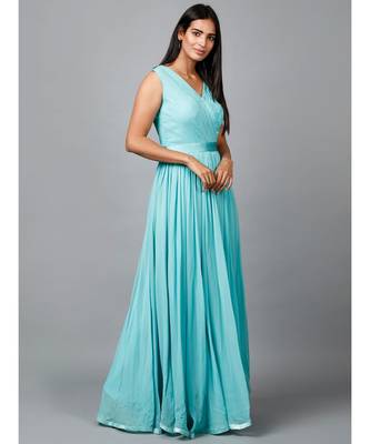 Women's Pleats Drape Georgette Party/ Evening Gown in Blue 2