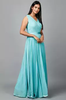 Women's Pleats Drape Georgette Party/ Evening Gown in Blue