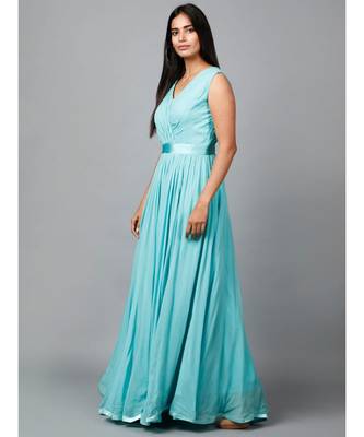 Women's Pleats Drape Georgette Party/ Evening Gown in Blue 3