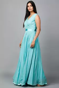 Women's Pleats Drape Georgette Party/ Evening Gown in Blue