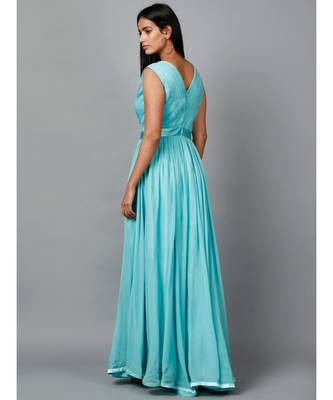 Women's Pleats Drape Georgette Party/ Evening Gown in Blue 4
