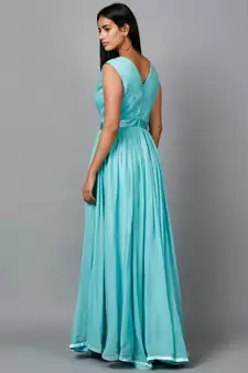 Women's Pleats Drape Georgette Party/ Evening Gown in Blue
