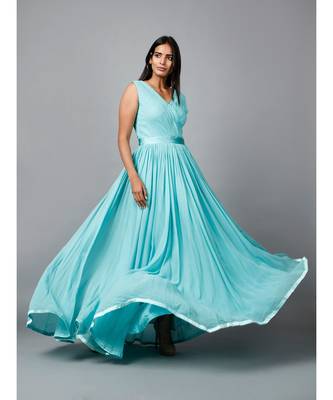 Women's Pleats Drape Georgette Party/ Evening Gown in Blue 5