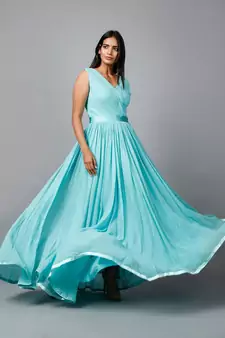 Women's Pleats Drape Georgette Party/ Evening Gown in Blue