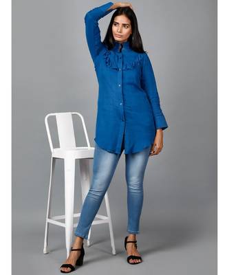 Blue Shirt with Ruffle Yoke and Cuff 1