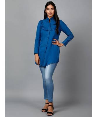 Blue Shirt with Ruffle Yoke and Cuff 2