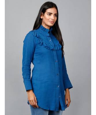 Blue Shirt with Ruffle Yoke and Cuff 3