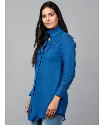 Blue Shirt with Ruffle Yoke and Cuff 4