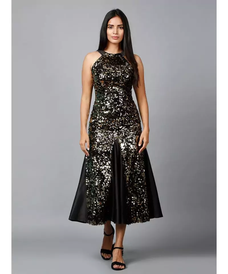 Gold Sequins Halter Neck  Mermaid Dress