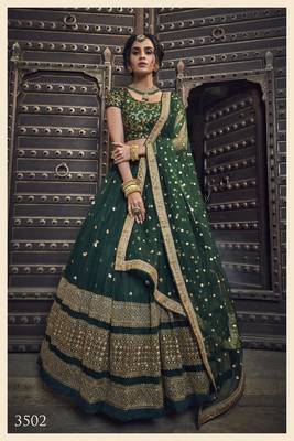 Green Zari & Sequins Embroidered Net Semi Stitched bridal lehenga With Premium Quality 1