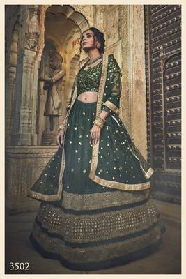 Green Zari & Sequins Embroidered Net Semi Stitched bridal lehenga With Premium Quality 2