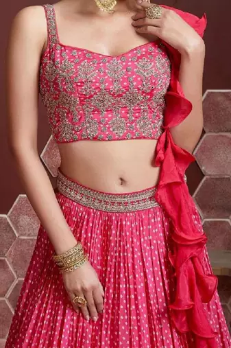Delightful Pink Digital Printed and Heavy Embroidery with Savorski Chinon wedding & party wear lehenga choli