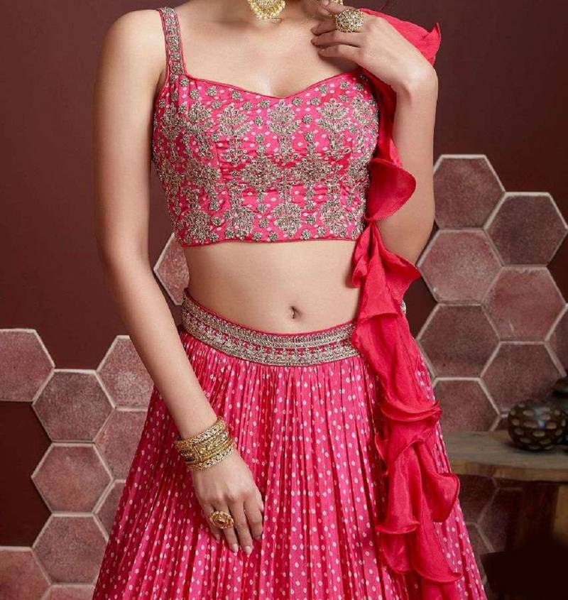 Delightful Pink Digital Printed and Heavy Embroidery with Savorski Chinon wedding & party wear lehenga choli