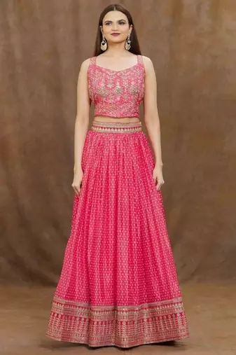 Delightful Pink Digital Printed and Heavy Embroidery with Savorski Chinon wedding & party wear lehenga choli