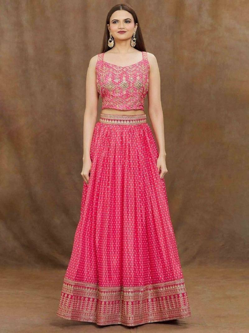 Delightful Pink Digital Printed and Heavy Embroidery with Savorski Chinon wedding & party wear lehenga choli