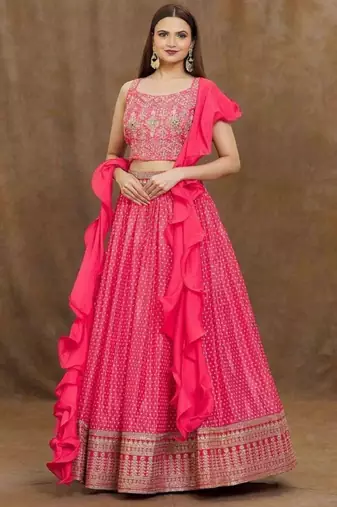 Delightful Pink Digital Printed and Heavy Embroidery with Savorski Chinon wedding & party wear lehenga choli