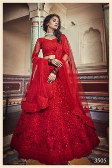 Red Dori & Sequins Embroidered Net Semi Stitched bridal lehenga