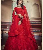 Red Dori & Sequins Embroidered Net Semi Stitched bridal lehenga