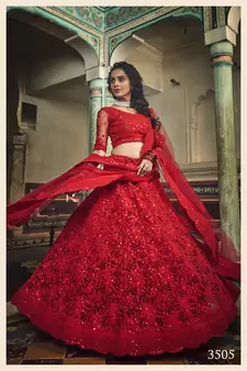 Red Dori & Sequins Embroidered Net Semi Stitched bridal lehenga