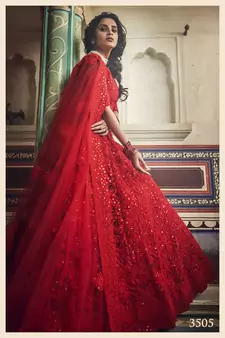 Red Dori & Sequins Embroidered Net Semi Stitched bridal lehenga
