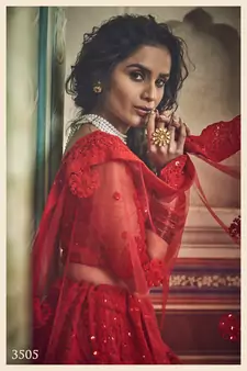 Red Dori & Sequins Embroidered Net Semi Stitched bridal lehenga