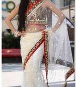 White Plain Net saree with blouse