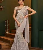   light grey embroidered lycra saree with blouse