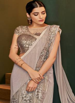   light grey embroidered lycra saree with blouse 2