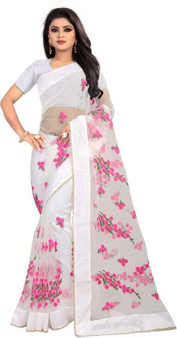 Avivah White Net Floral Embroidered Ready to Wear Saree main image 0