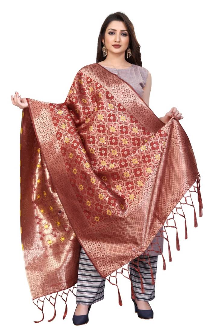 Women's Brown Banarasi Silk Woven Dupattas With Tassels maruti sai