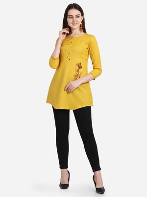 Yellow embroidered viscose short-kurtis 1