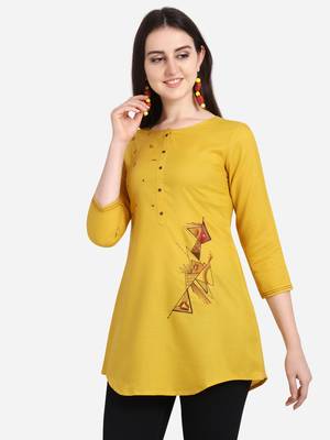 Yellow embroidered viscose short-kurtis 2