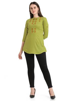 Lime embroidered viscose short-kurtis 1