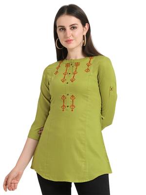 Lime embroidered viscose short-kurtis 2