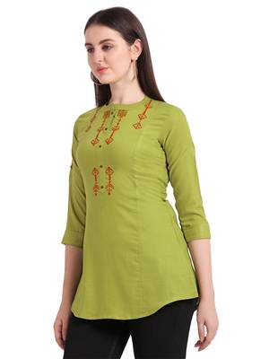 Lime embroidered viscose short-kurtis 4