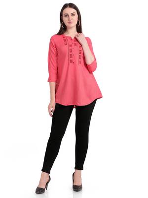 Pink embroidered viscose short-kurtis 1
