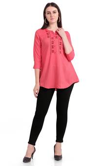 Pink embroidered viscose short-kurtis
